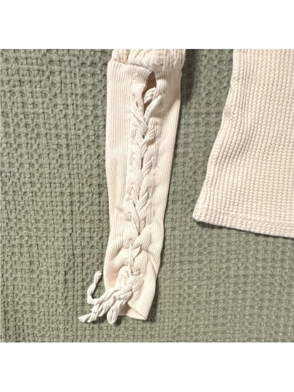 NWOT Free People Ivory Puff Long Sleeve Ribbed Knit Top with Lace-Up Cuffs S